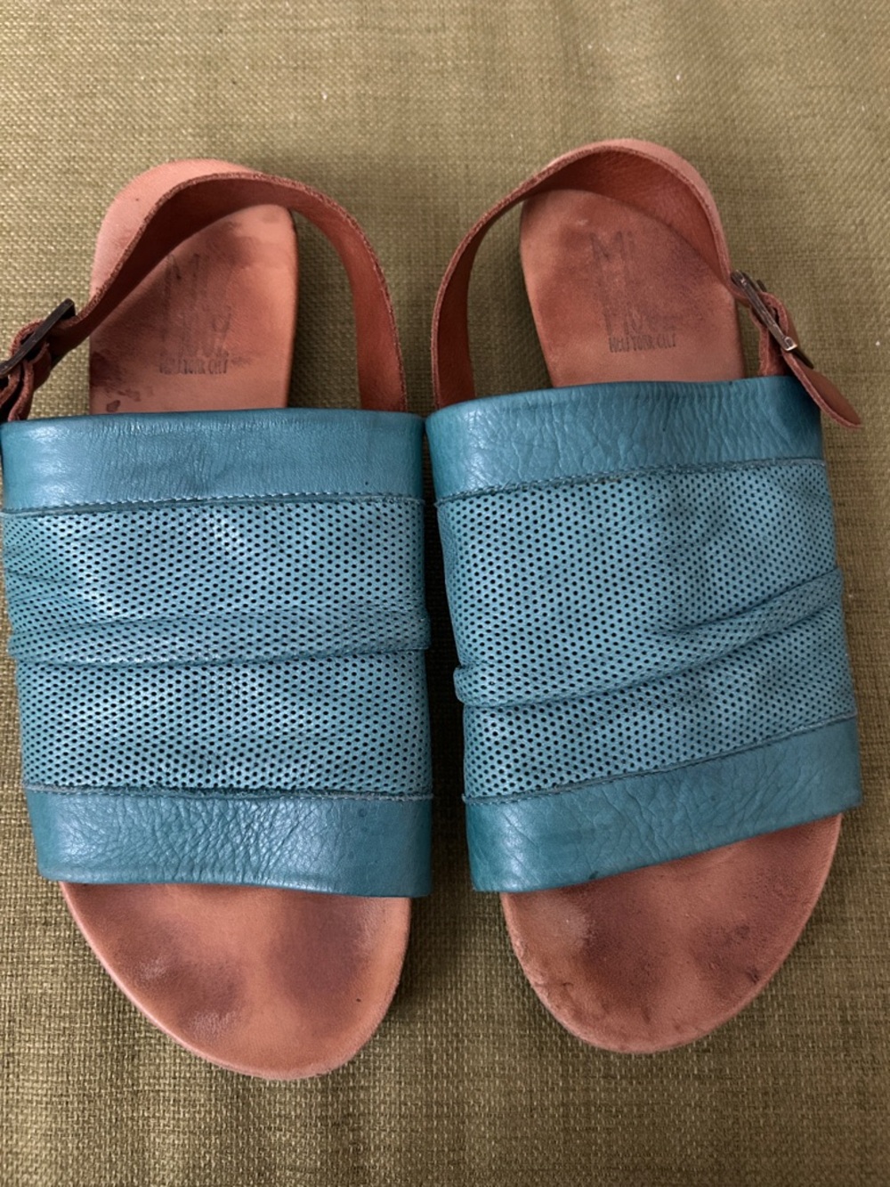 Miz Mooz Teal Perforated Leather Slingback Sandals with Tan Footbed
